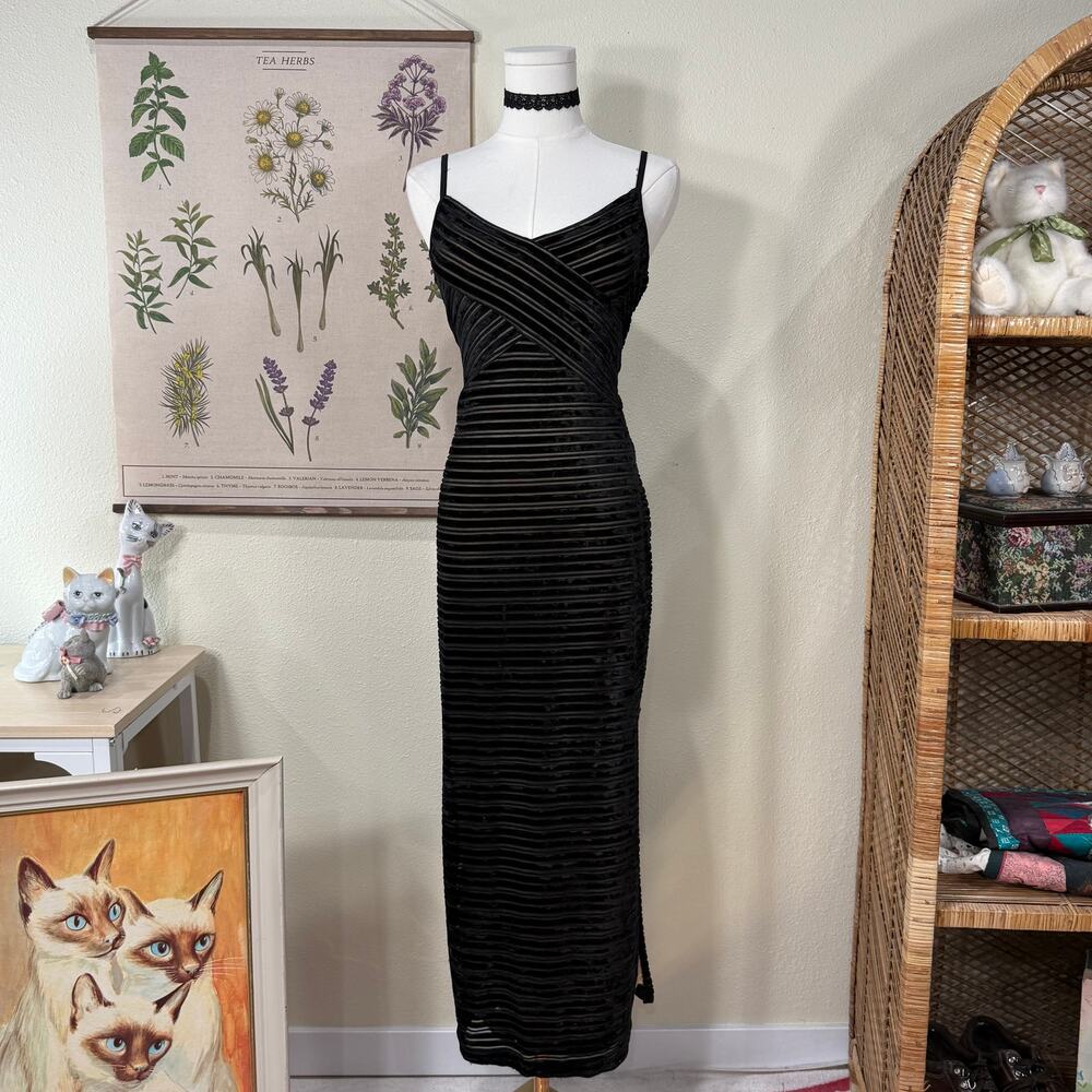 90s Y2k Velvet Striped Formal Maxi Dress Dark Coquette Romantic Goth Sexy Hoco M
